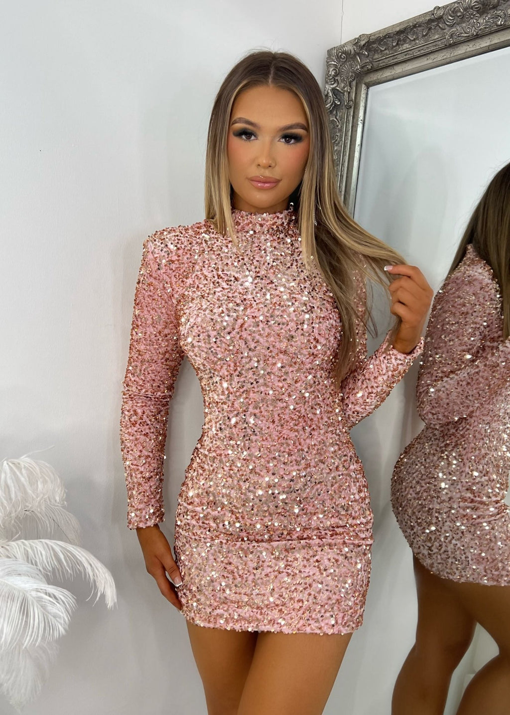 Rosé All Day Floral Lace-Up Sequin Mini Dress