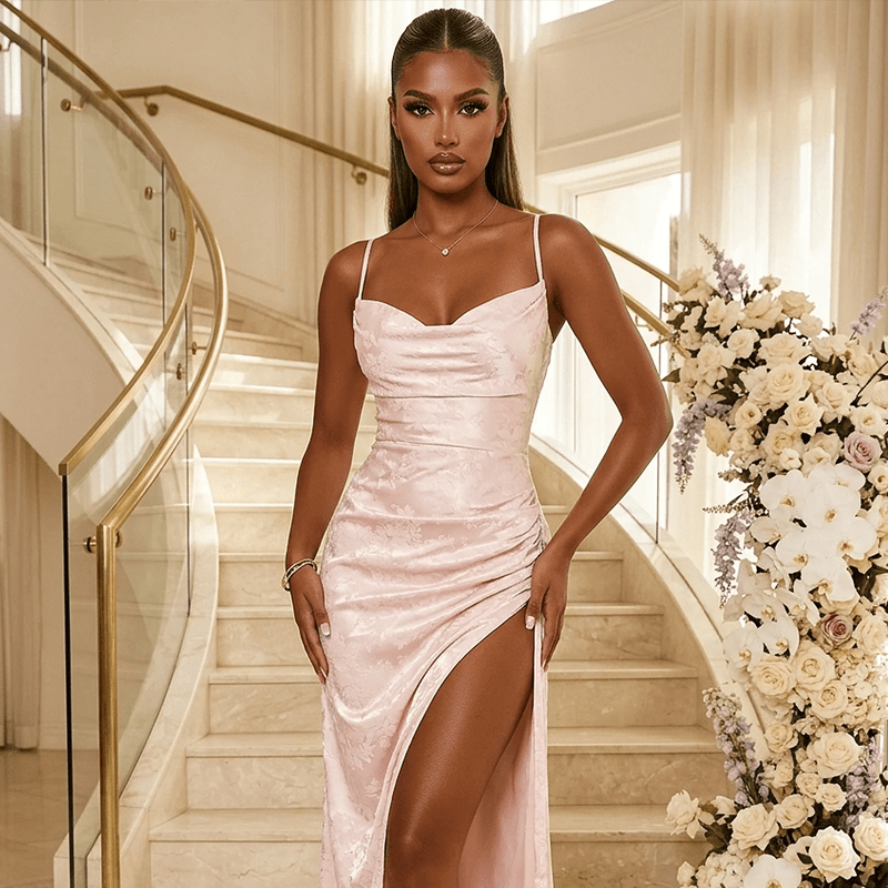 Eternal Shine Satin Maxi Dress in Baby Pink - DressMeZee Dressmezee Eternal Shine Satin Maxi Dress in Baby Pink - DressMeZee Dressmezee