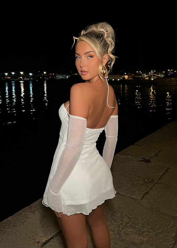 Midnight Affairs Sparkle Mini Dress with Mesh Sleeves - White