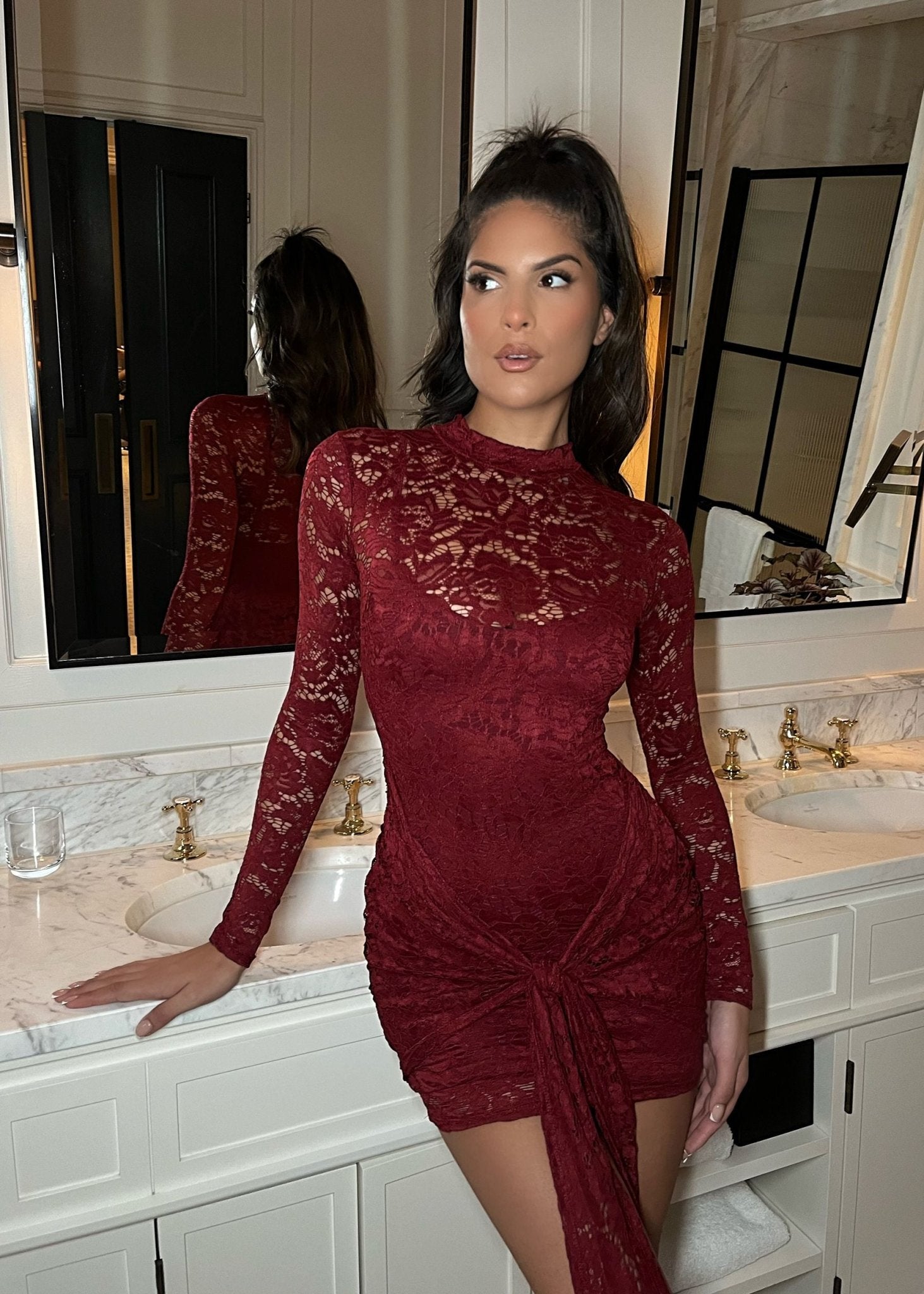 wine lace cocktail dress Delphina Wine Lace-up Back Midi Dress