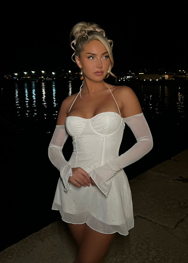 Midnight Affairs Sparkle Mini Dress with Mesh Sleeves - White