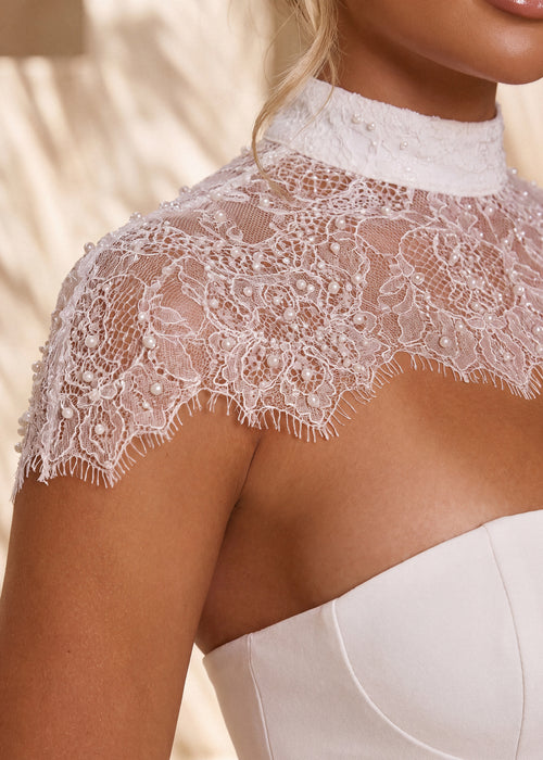 At First Sight Strapless Midi Dress With Lace Collar - White