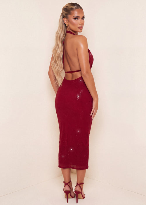 Bad For You Embellished Cowl Neck Midi Dress - Burgundy - Dressmezee
