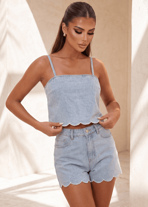 Better Love Scallop Edge Denim Crop Top - Blue - Dressmezee