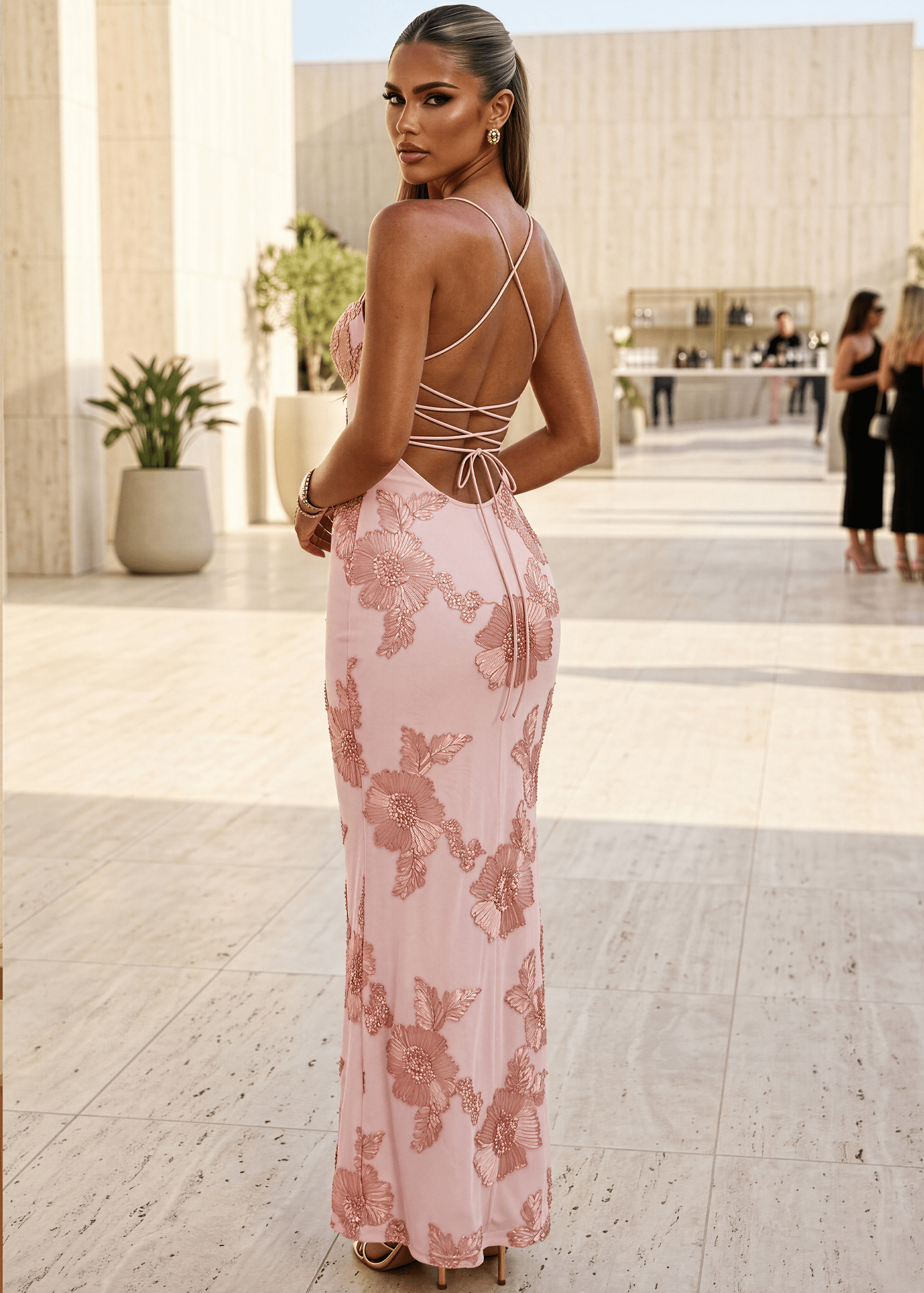 peach maxi dress Sarahdipity Boutique Lace up back Peach Tiered Flared Maxi Dress