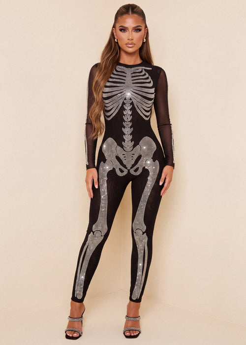 Bone To Be Wild Embellished Bodycon Jumpsuit - Black - Dressmezee