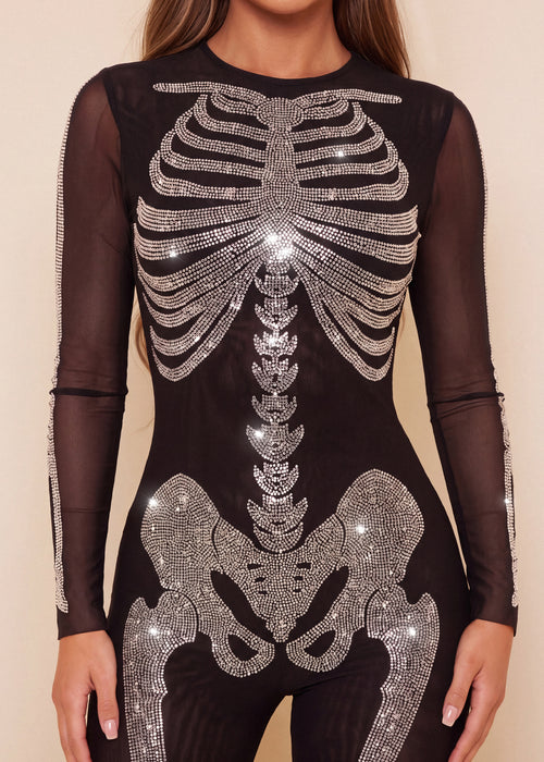 Bone To Be Wild Embellished Bodycon Jumpsuit - Black - Dressmezee