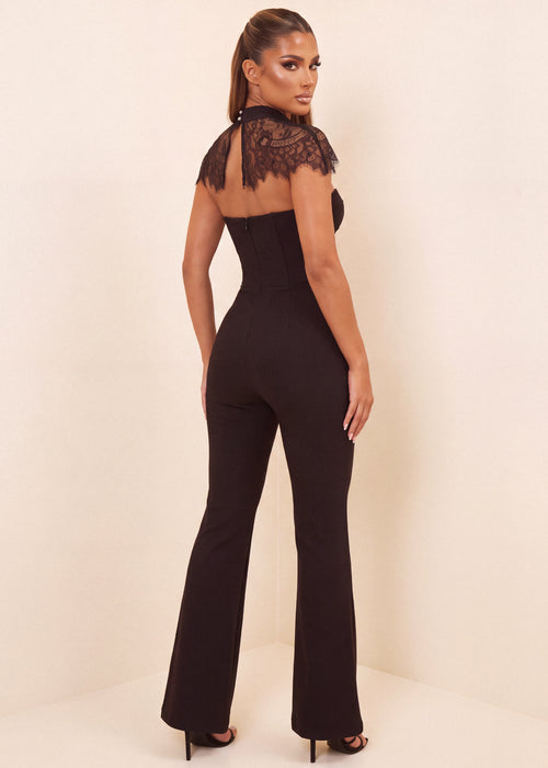 Chasing Forever Jumpsuit with Lace Collar - Black - Dressmezee