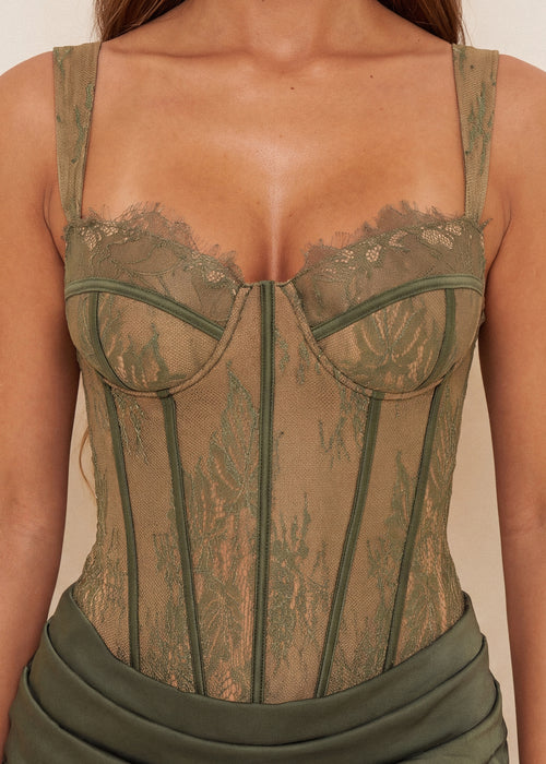 Dark Desire Lace Corset Midi Dress - Olive - Dressmezee