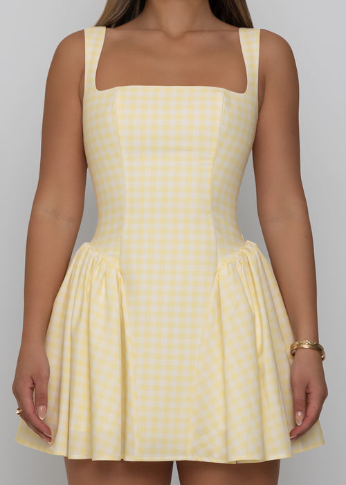 Day Dreamer yellow gingham mini dress back view