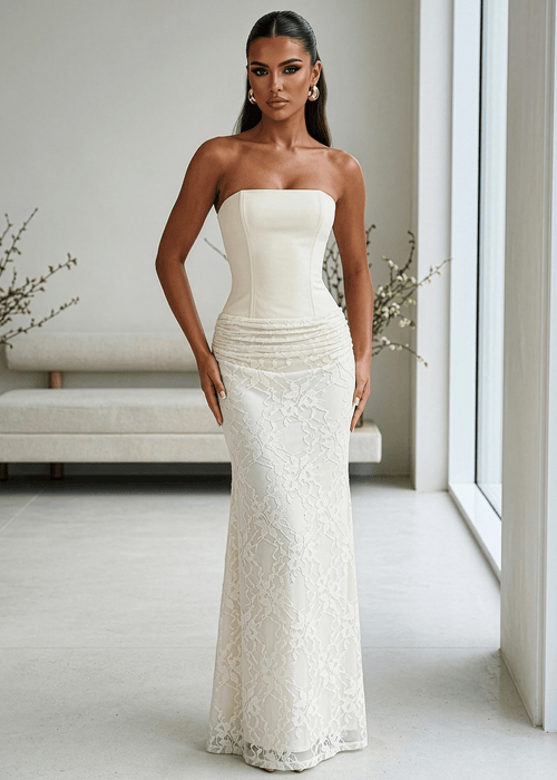 Delicate Desire Corset Lace Maxi Dress - Ivory - Dressmezee
