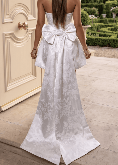 Delicate Love Strapless Bow Mini Dress - White Jacquard - Dressmezee