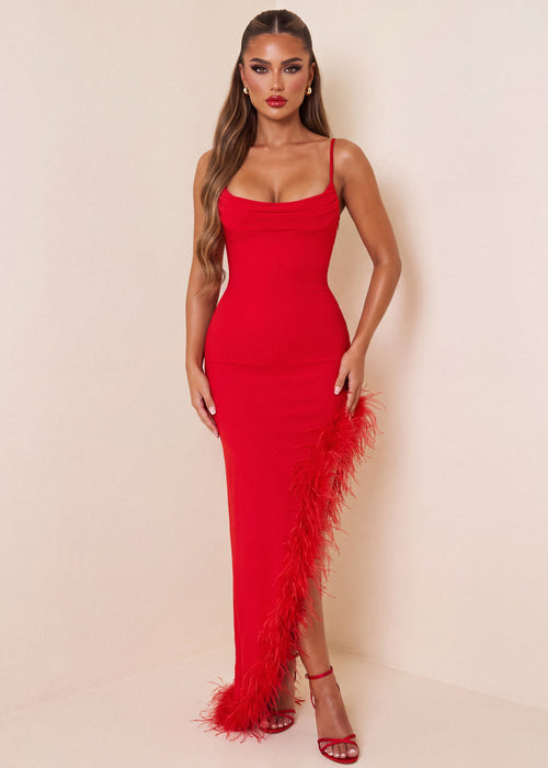 Drunk In Love Bodycon Feather Trim Maxi Dress - Red - Dressmezee