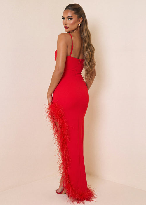 Drunk In Love Bodycon Feather Trim Maxi Dress - Red - Dressmezee