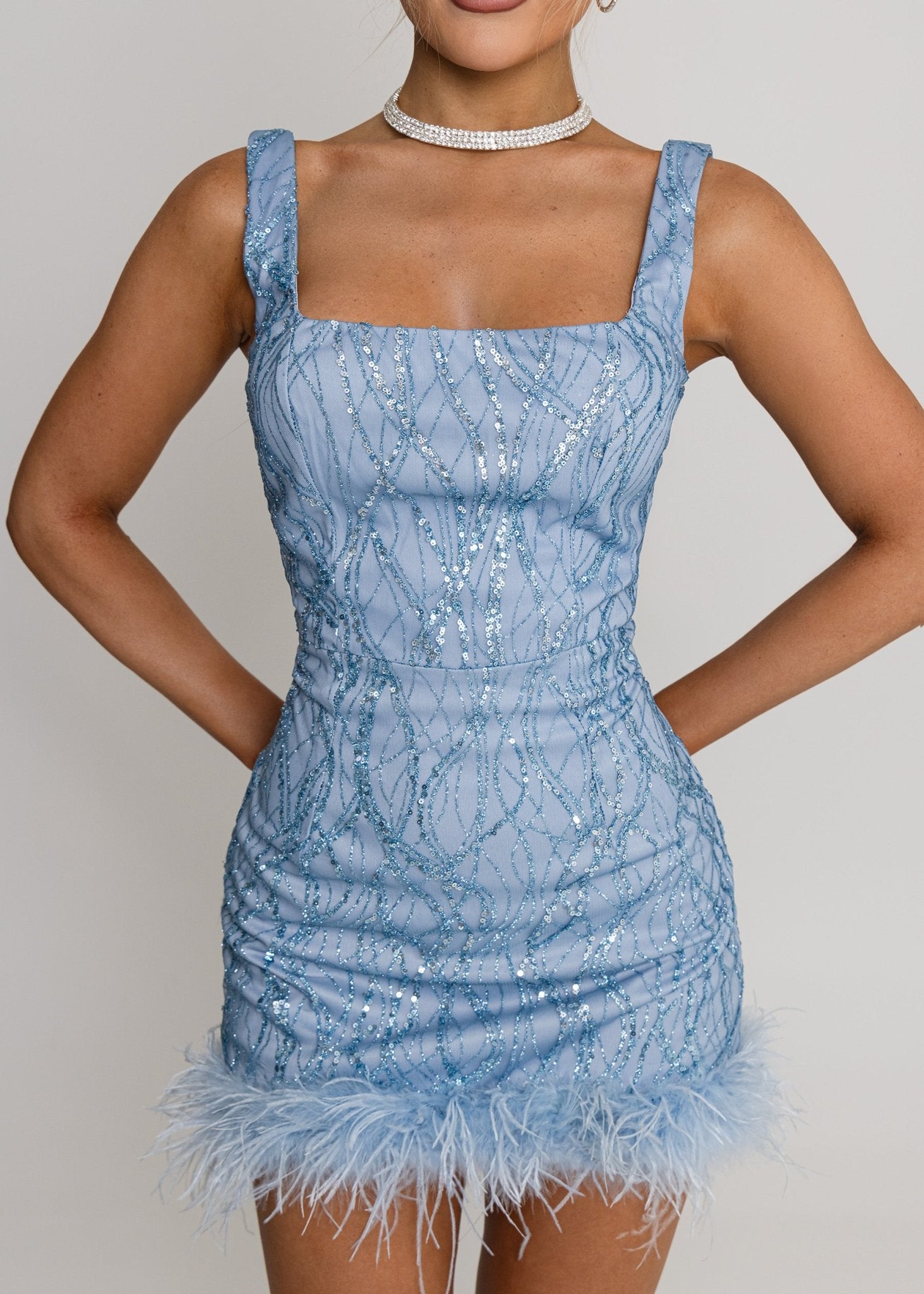 Electric Energy Blue Glitter Feather Mini Dress | Square Neck | Dressmezee Dressmezee Electric Energy Blue Glitter Feather Mini Dress | Square Neck | Dressmezee Dressmezee
