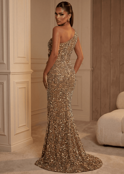 Elegant Energy One Shoulder Gown - Gold - Dressmezee