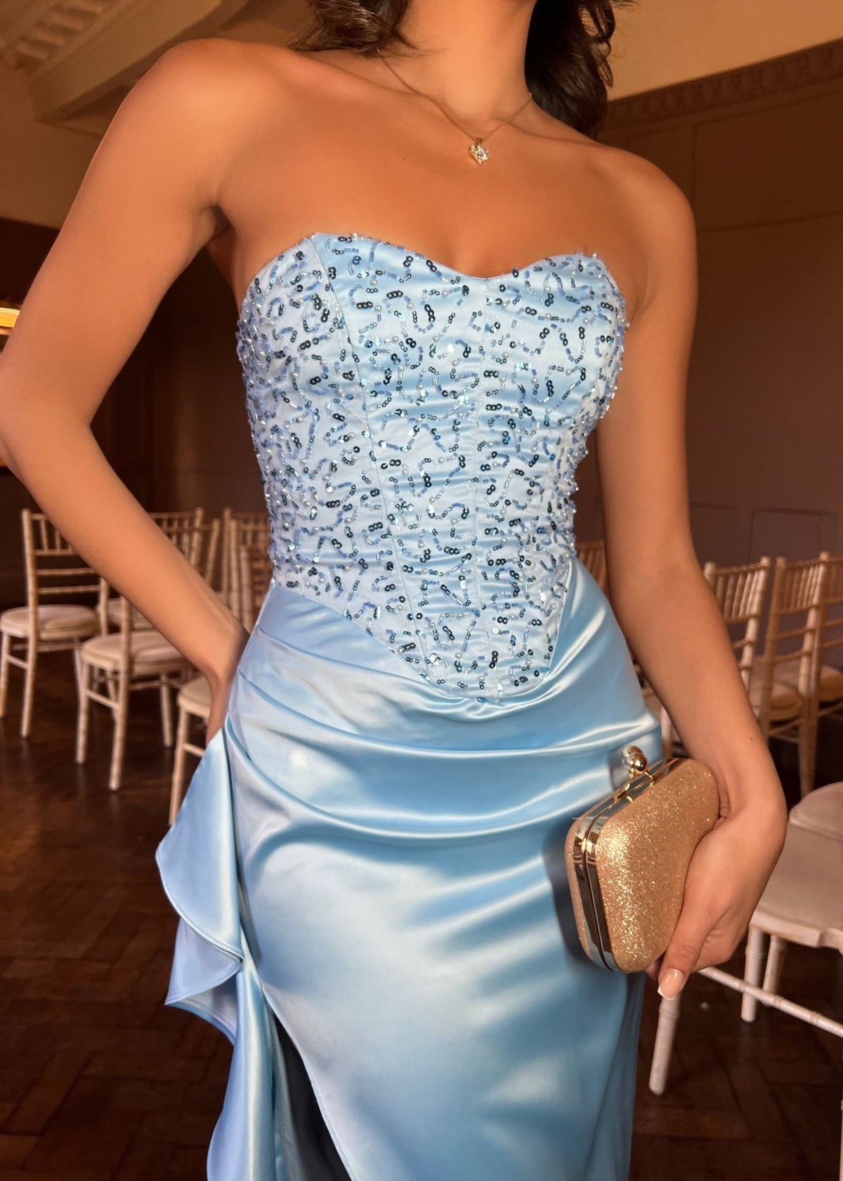 fitted lace wedding dress Baby Blue Beaded Maxi Dress