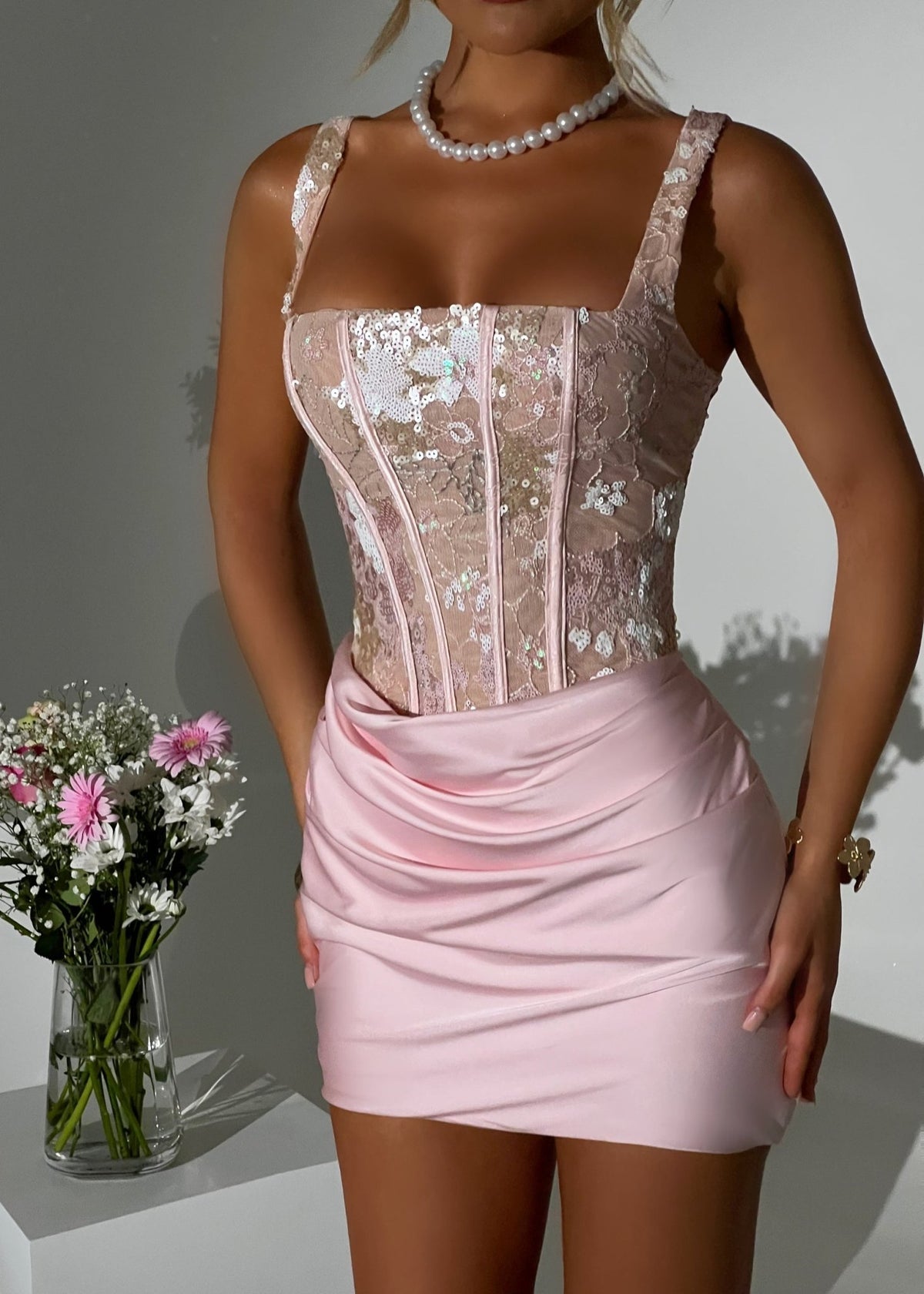 Enchanted Charm Pink Floral Corset Mini Dress | Lace Up