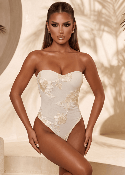 Soft Embrace Floral Embellished Bodysuit - Cream - Dressmezee