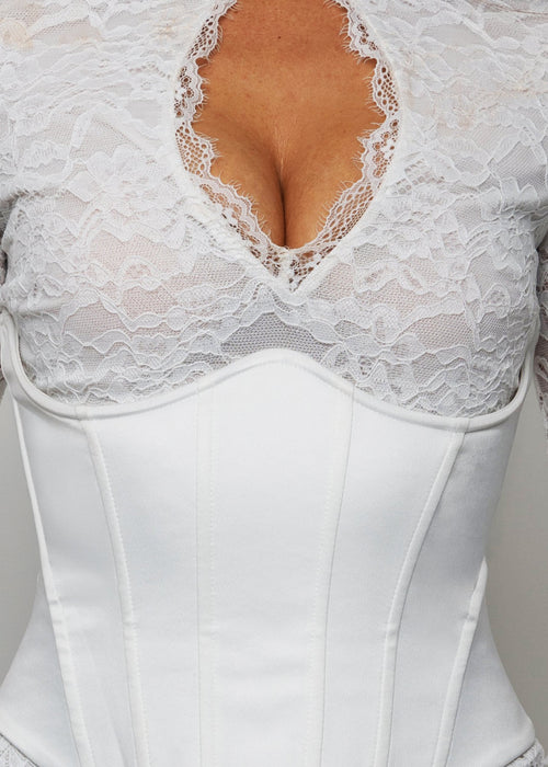 Endless Romance Long Sleeve Lace Corset Mini Dress - White - Dressmezee