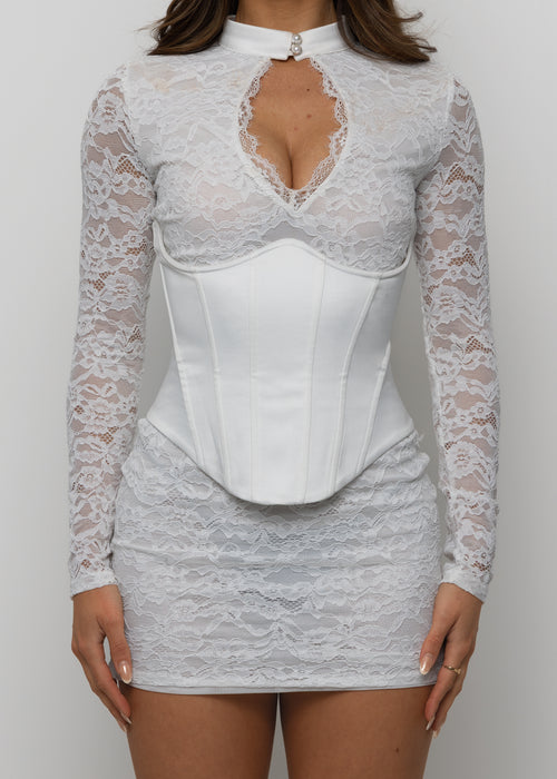Endless Romance Long Sleeve Lace Corset Mini Dress - White