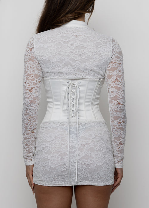 Endless Romance Long Sleeve Lace Corset Mini Dress - White