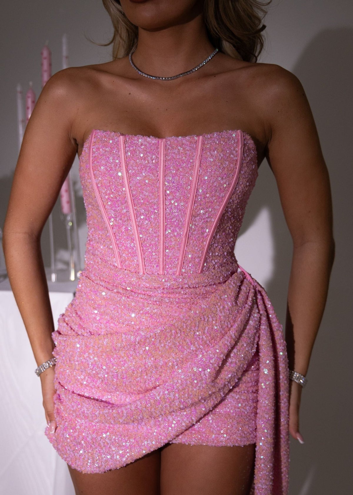 Pink Sequin Drape Mini Dress | Corset