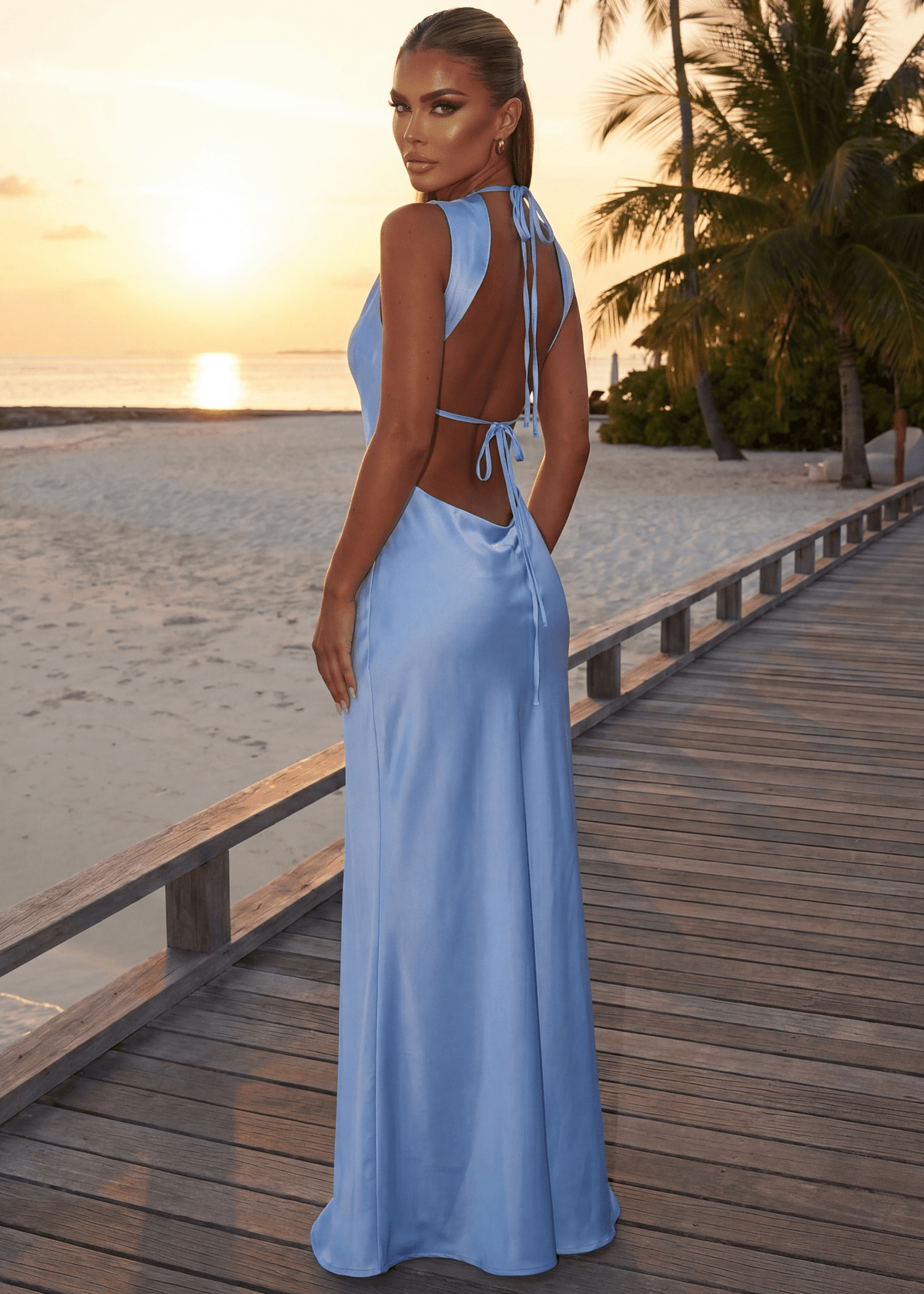 Euphoria Satin Maxi Gown - Blue Open Back Dress
