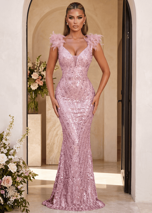 Evening Allure Sequin Feather Gown - Pink - Dressmezee