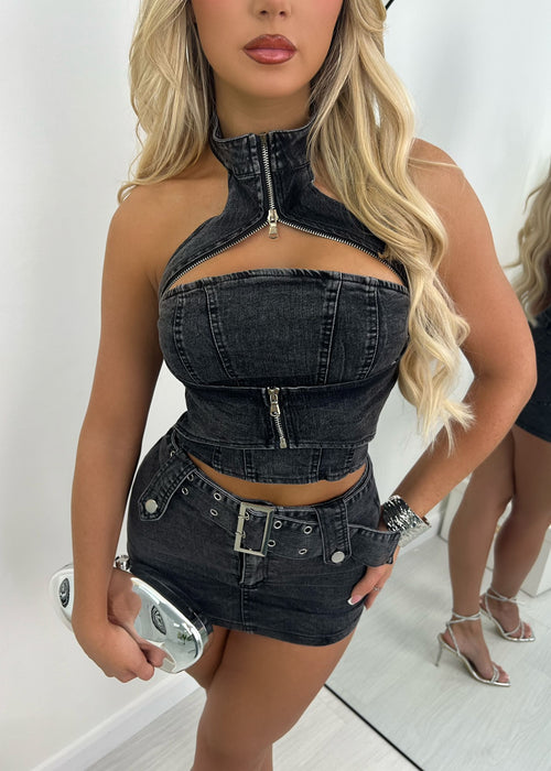 No Regrets Denim Skort - Black