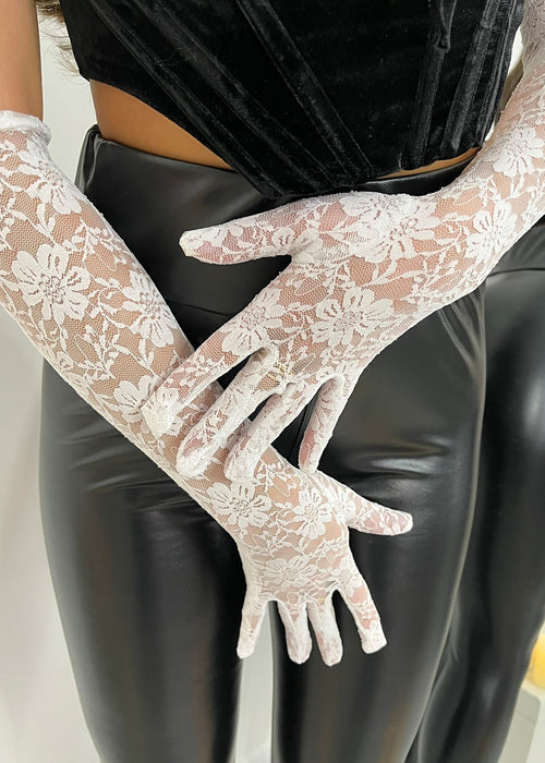 Elbow Length Lace Gloves - White