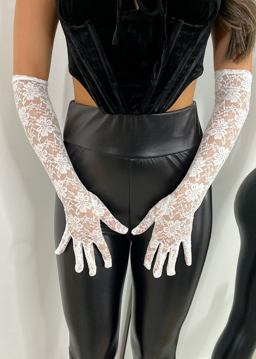 Elbow Length Lace Gloves - White