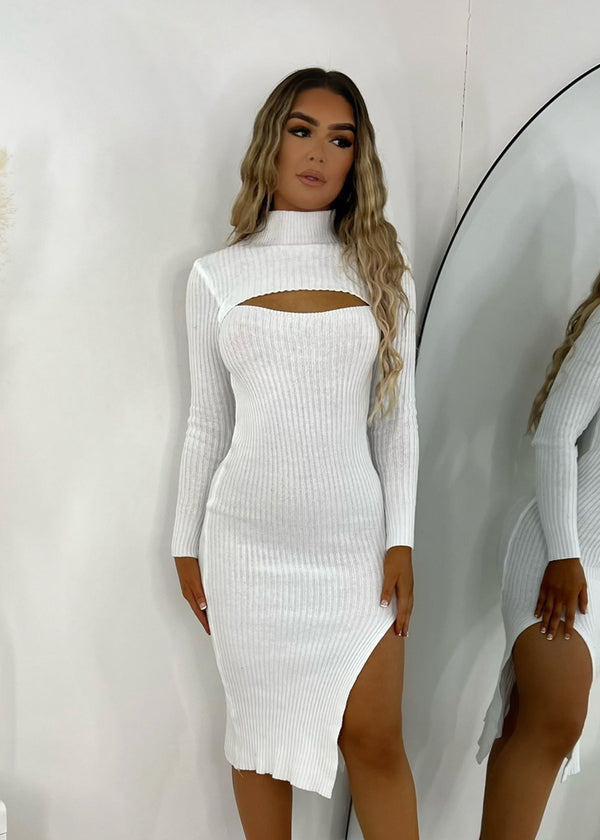 One Take Knitted High Neck Cut Out Midi Bodycon Dress - White