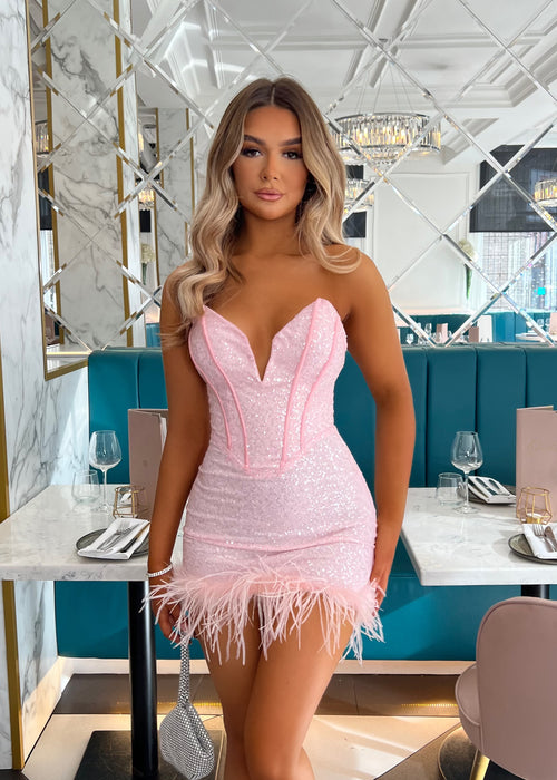 Princess Vibes Sequin Feather Mini Dress - Pink