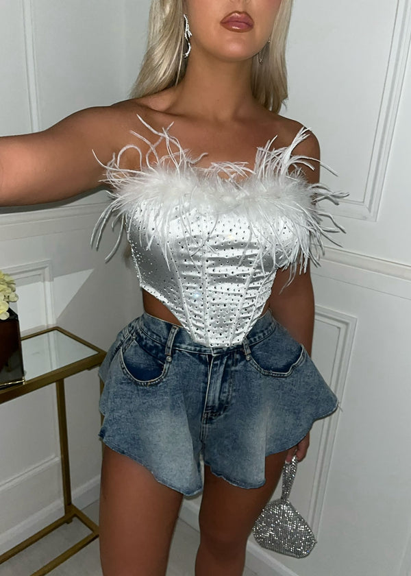 New Flame Embellished Corset Top with Feather Trim - White