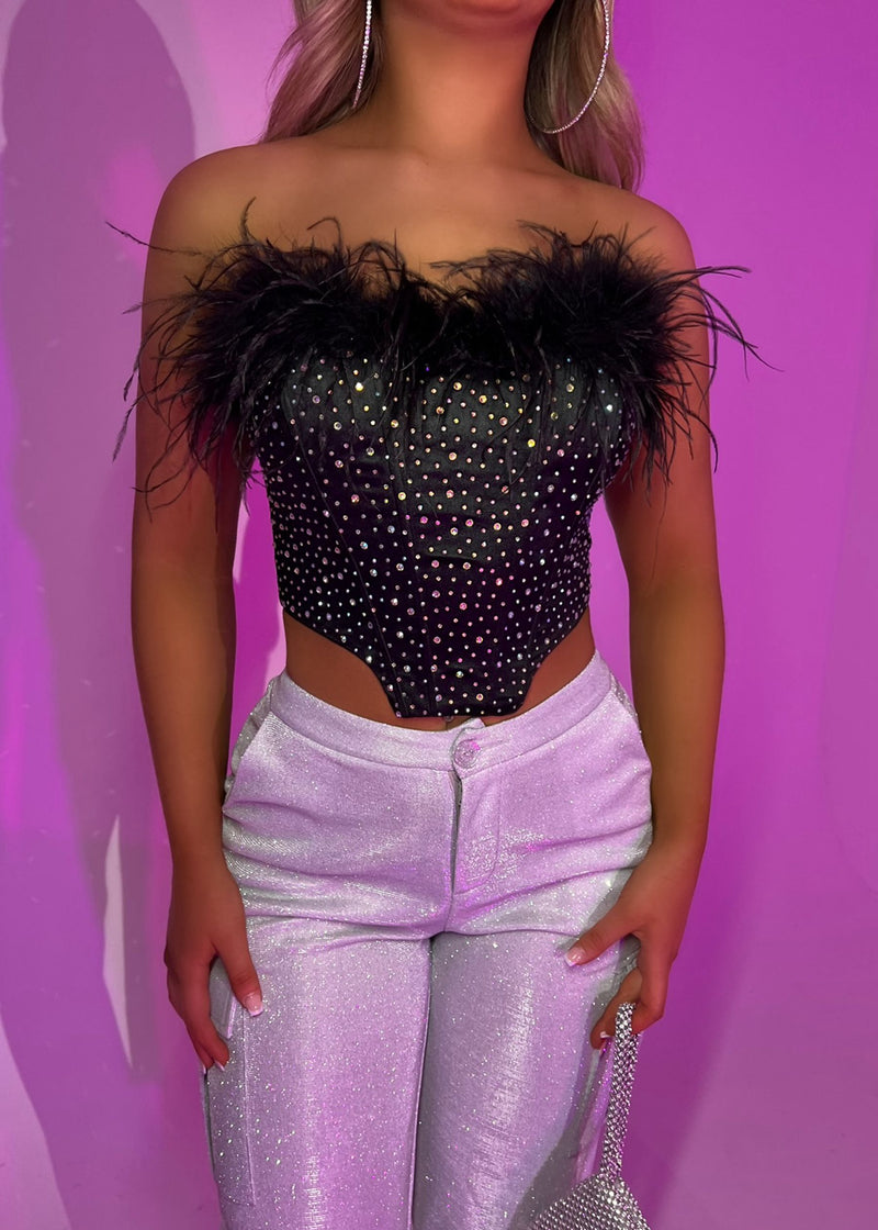 New Flame Embellished Corset Top with Feather Trim - Black