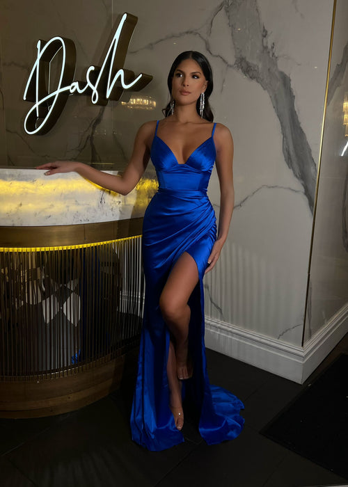 Eyes On Me Satin Split Gown - Cobalt Blue