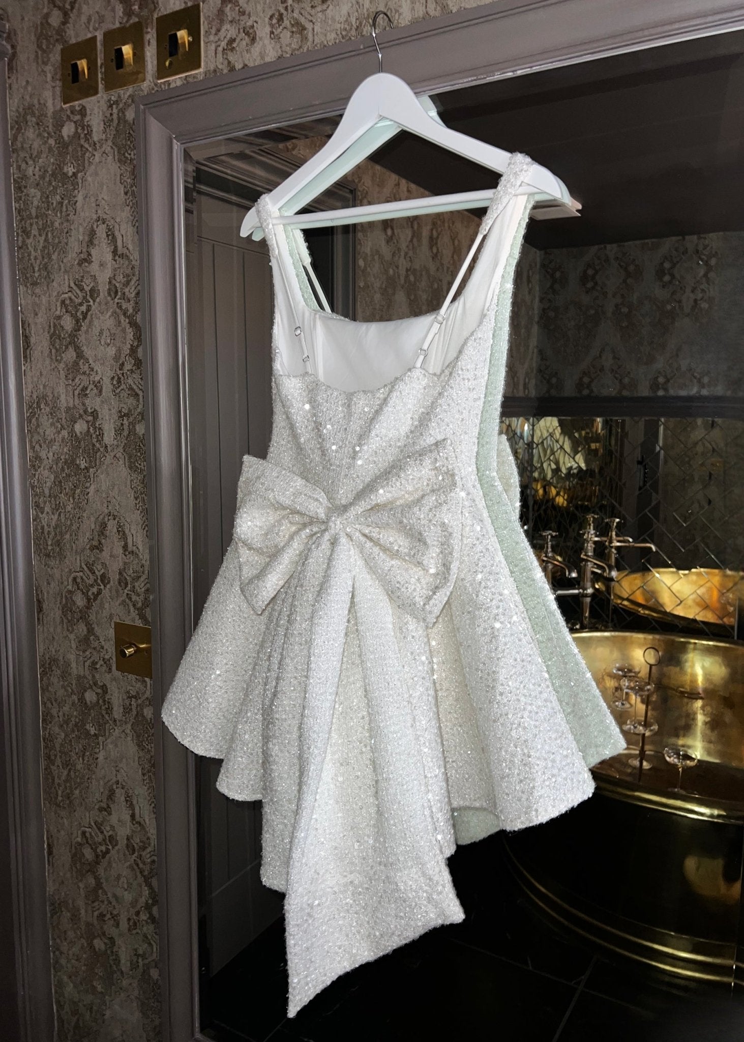 white sequin dress black bow Irina White Sequin Mini Dress with Black Bow S