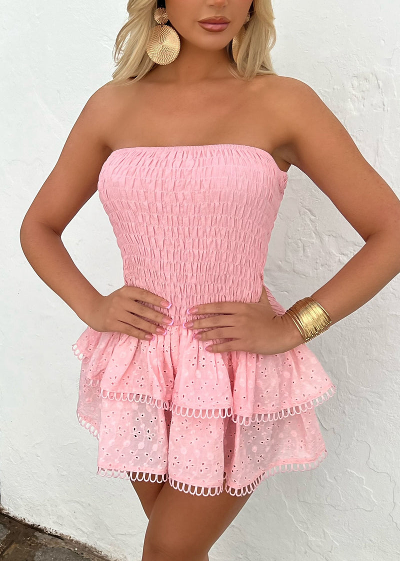 Pretty Please Broderie Tiered Mini Dress - Pink