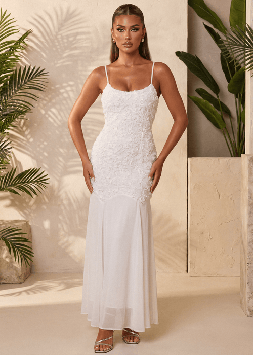 Forever Begins 3D Flower Maxi Dress - White - Dressmezee
