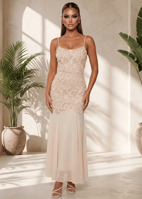 Forever Begins 3D Flower Maxi Dress - Pink - Dressmezee
