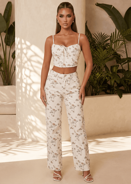Forever Flirty Floral Denim Crop Top - White - Dressmezee