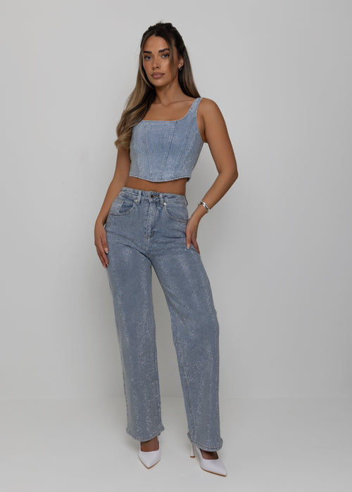 Forever Sparkle Diamante Straight Leg Jean - Blue