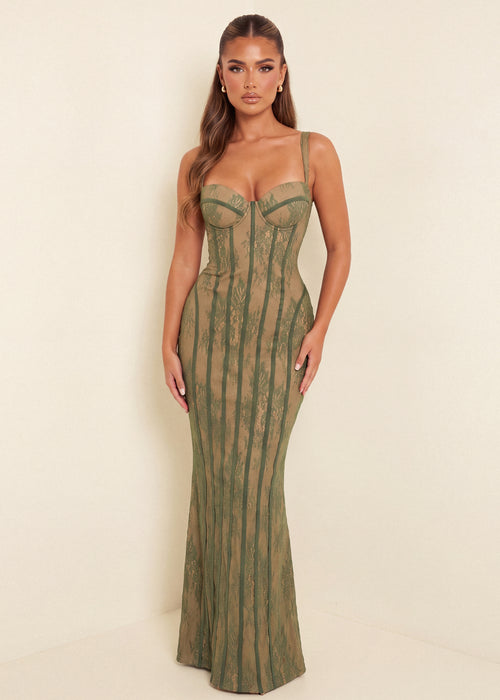 Hidden Gem Lace Bodycon Maxi Dress - Olive Green