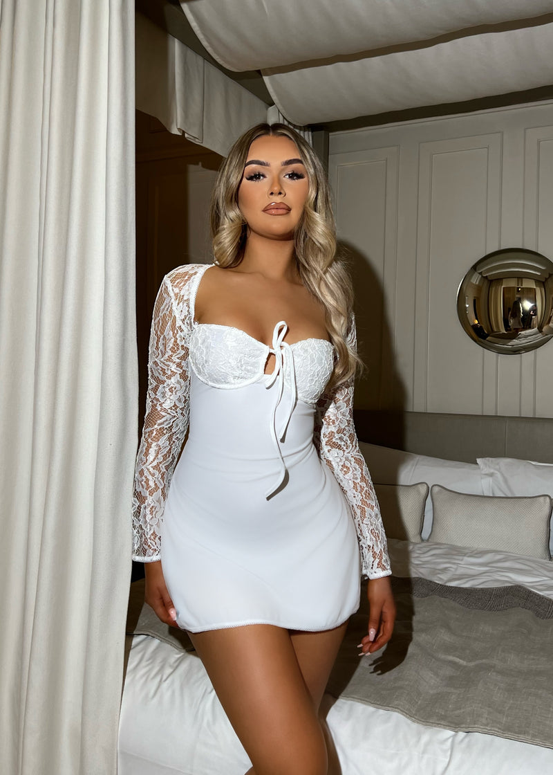Chain of Hearts Lace Long Sleeve Mini Dress - White
