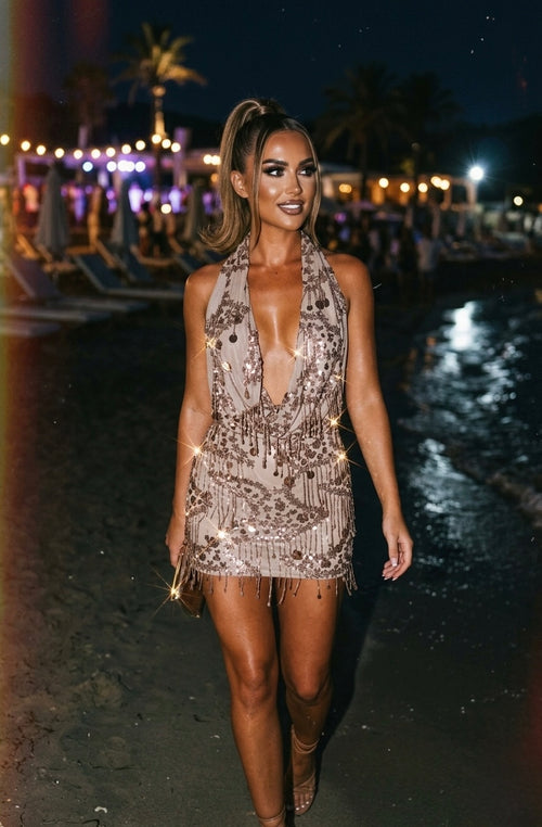 New Vibrations Cowl Tassel Mini Dress - Brown