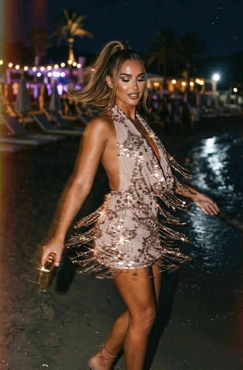 New Vibrations Cowl Tassel Mini Dress - Brown