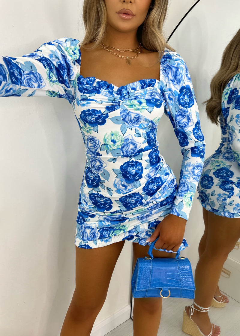 Show Me Off Puff Sleeve Floral Print Dress - Blue