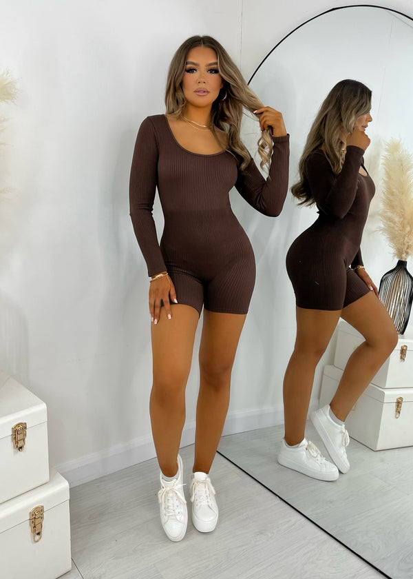 Know Your Worth Long Sleeve Romper - Brown