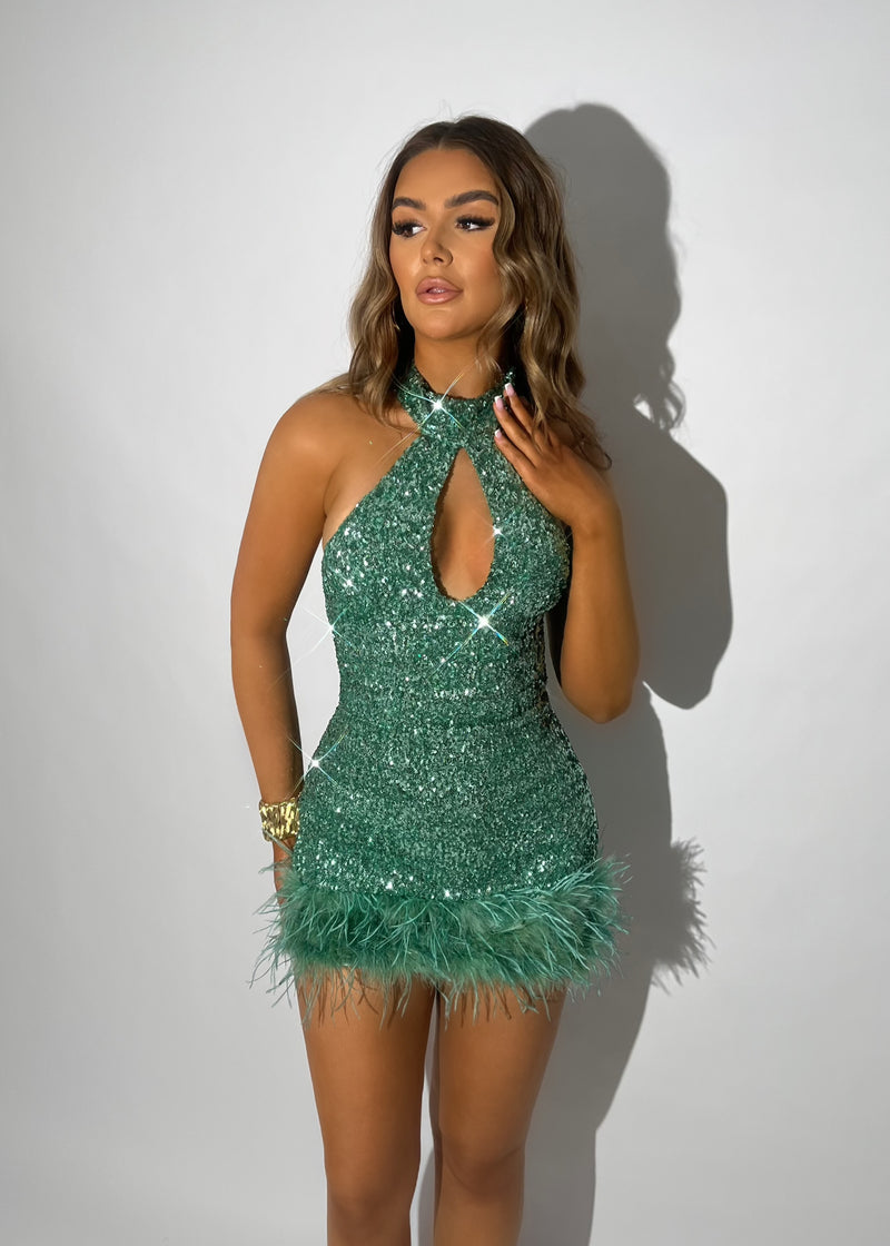 Worth A Million Sparkle Feather Mini Dress - Green